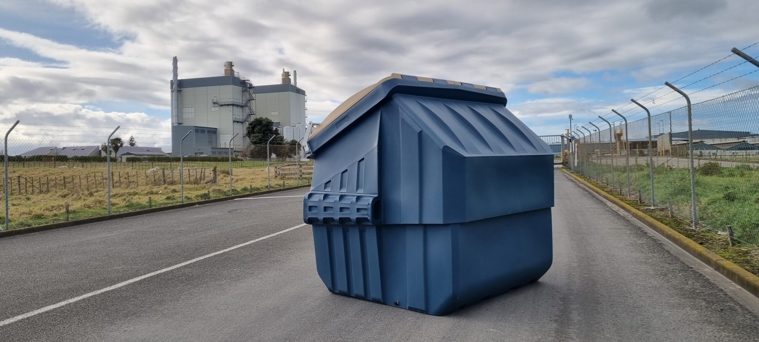 blue front load plastic bin recycling waste management factory